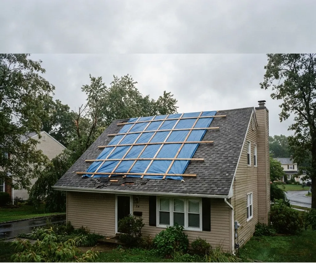 Emergency blue tarp installed over a leaking section of roof