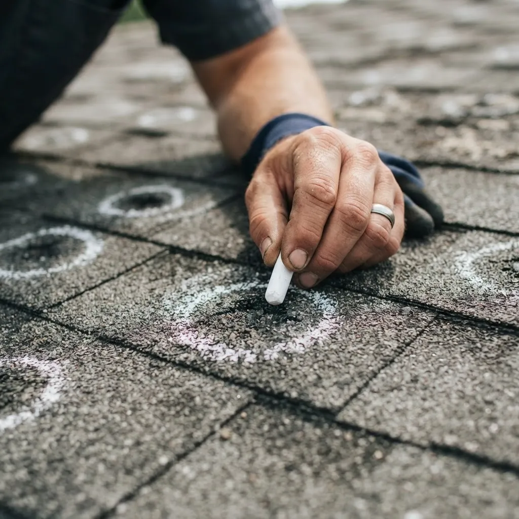 Contractor marking hail-impact damage on shingles during an inspection