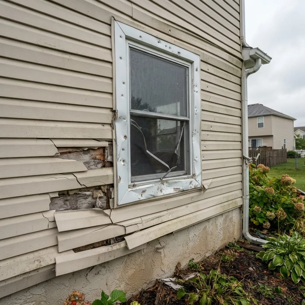 Storm-damaged siding and window trim on a home exterior