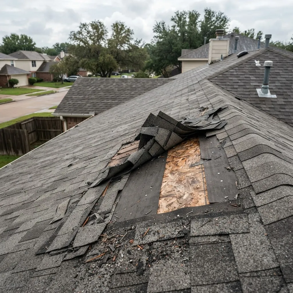 Wind-torn shingles peeled back from a roof after a severe storm